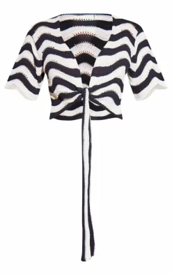 PrettyLittleThing Knitted Tops*Monochrome Wave Knit Tie Front Cap Sleeve Top