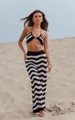 Sale PrettyLittleThing Wave Knit Wide Leg Pants Monochrome