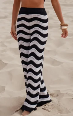 Sale PrettyLittleThing Wave Knit Wide Leg Pants Monochrome
