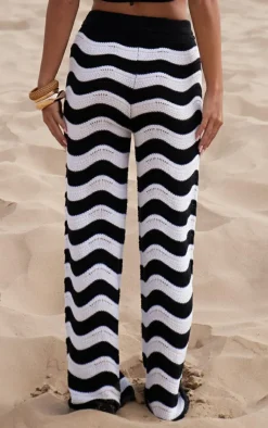 Sale PrettyLittleThing Wave Knit Wide Leg Pants Monochrome