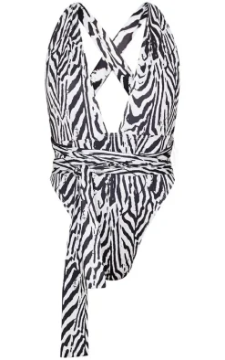 Monochrome Zebra Print Multiway Wrap Waist Plunge Swimsuit