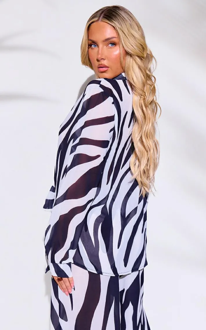Monochrome Zebra Print Tie Front Oversized Beach Shirt
