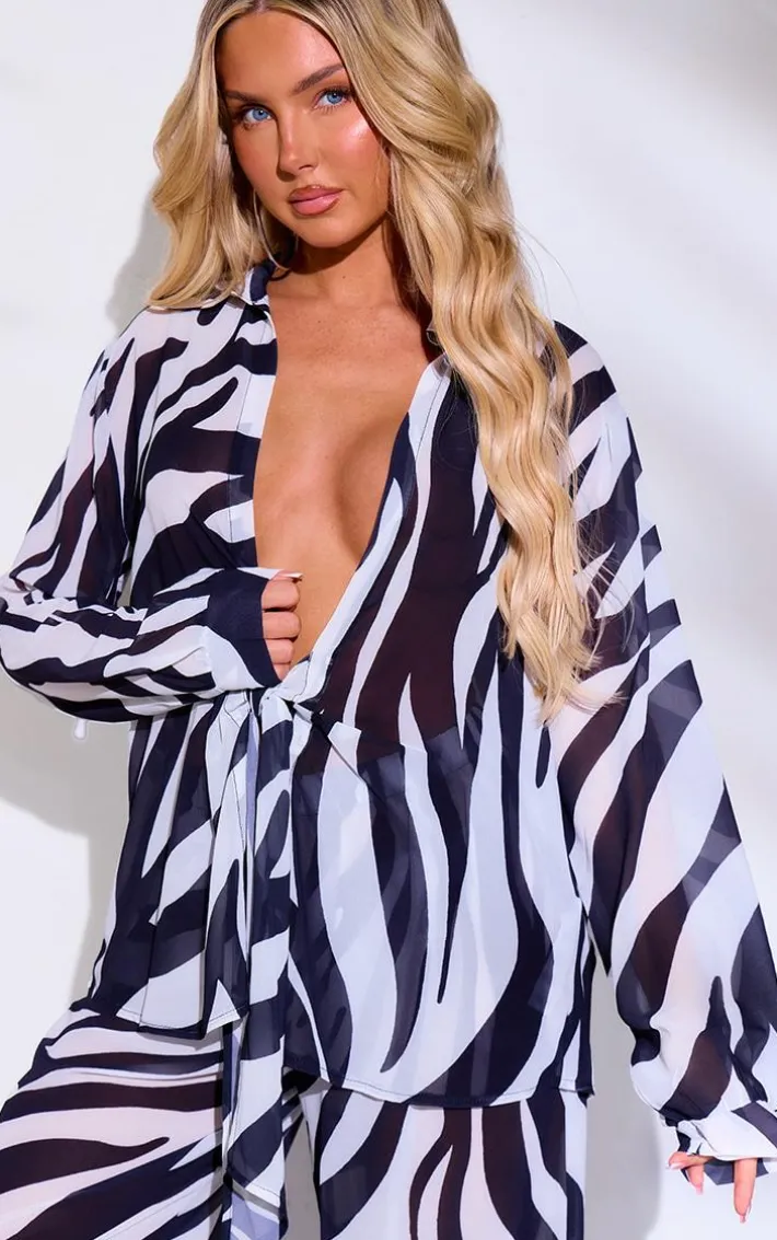 Monochrome Zebra Print Tie Front Oversized Beach Shirt