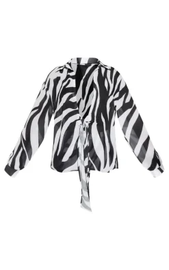 Monochrome Zebra Print Tie Front Oversized Beach Shirt