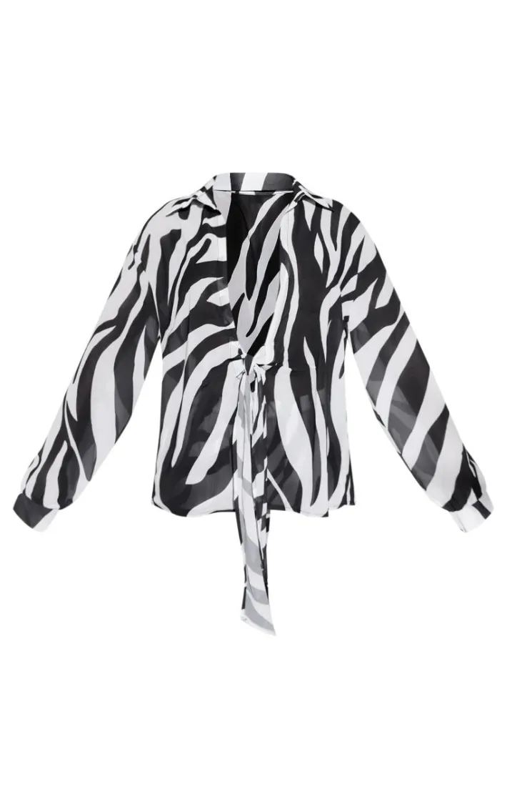 Monochrome Zebra Print Tie Front Oversized Beach Shirt