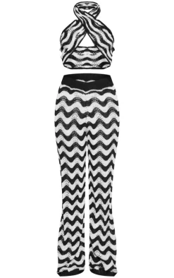 Monochrome Zig Zag Crochet Beach Top And Pant Set