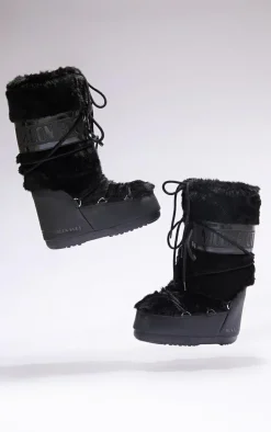PrettyLittleThing Black Boots*MOON BOOT Faux Fur Classic