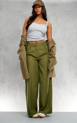 Moss Green Pleat Front Straight Leg Tailored Pants