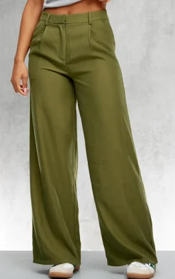 Moss Green Pleat Front Straight Leg Tailored Pants