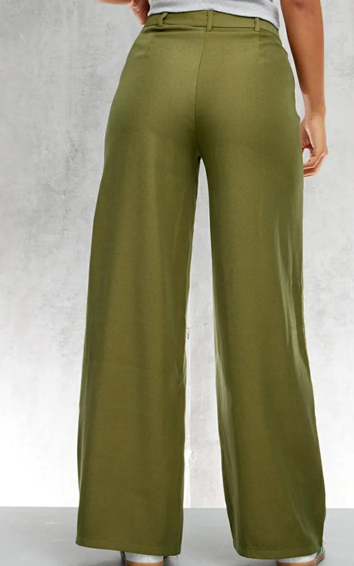 Moss Green Pleat Front Straight Leg Tailored Pants