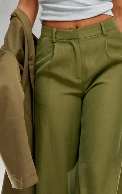Moss Green Pleat Front Straight Leg Tailored Pants