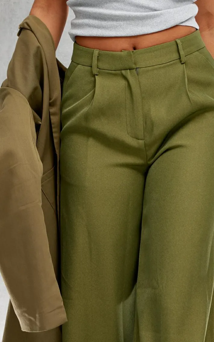 Moss Green Pleat Front Straight Leg Tailored Pants