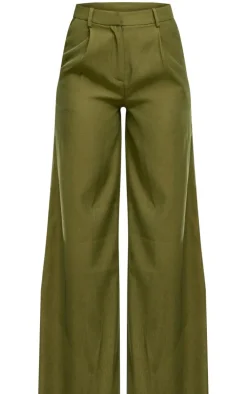 Moss Green Pleat Front Straight Leg Tailored Pants