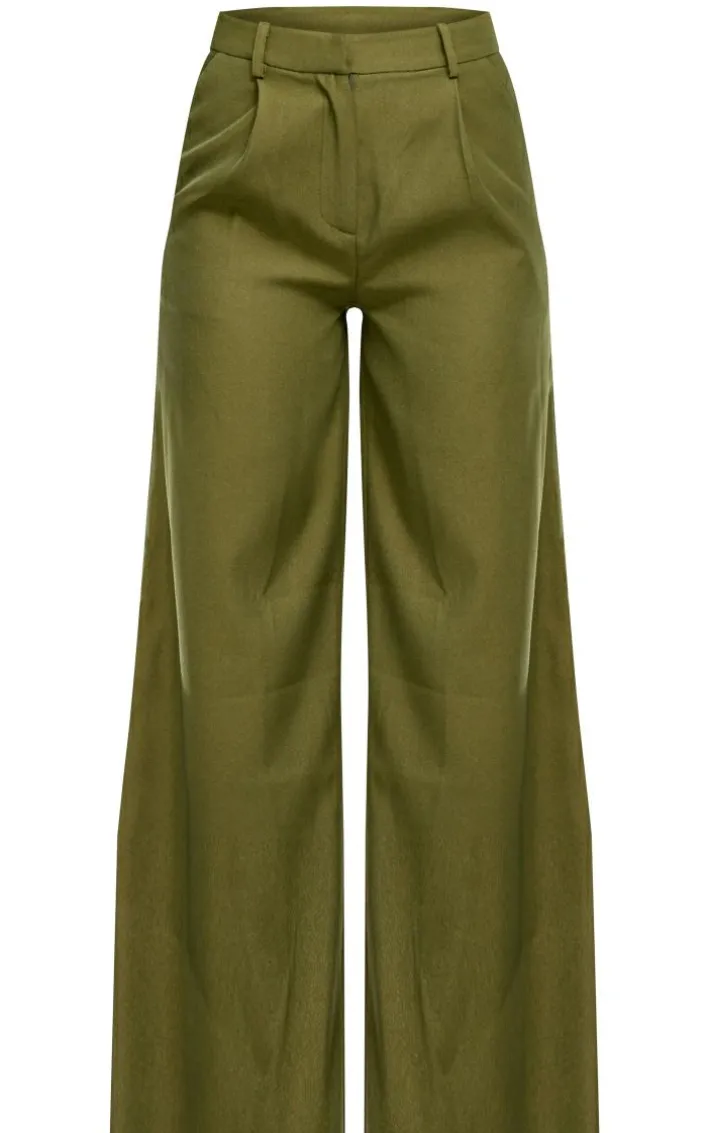 Moss Green Pleat Front Straight Leg Tailored Pants