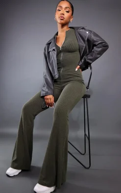 Outlet PrettyLittleThing Two Tone Rib High Waist Flares Moss Khaki