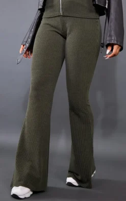 Outlet PrettyLittleThing Two Tone Rib High Waist Flares Moss Khaki