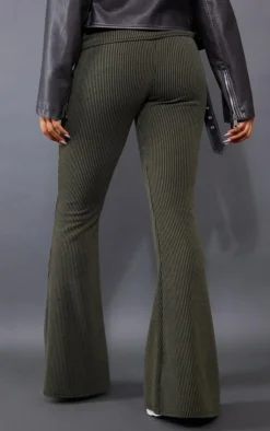 Outlet PrettyLittleThing Two Tone Rib High Waist Flares Moss Khaki