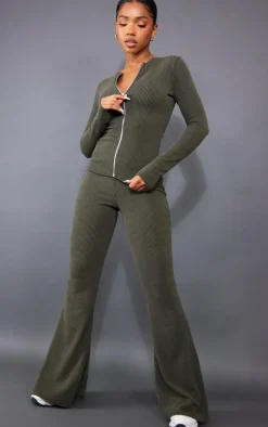 Best PrettyLittleThing Two Tone Rib Longline Zip Up Top Moss Khaki
