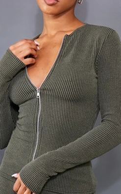Best PrettyLittleThing Two Tone Rib Longline Zip Up Top Moss Khaki