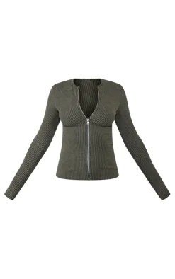Best PrettyLittleThing Two Tone Rib Longline Zip Up Top Moss Khaki
