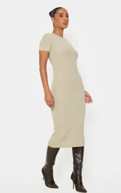 Ribbed Short Sleeve Crew Neck Midi Dress-PrettyLittleThing Online