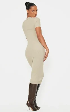 Ribbed Short Sleeve Crew Neck Midi Dress-PrettyLittleThing Online