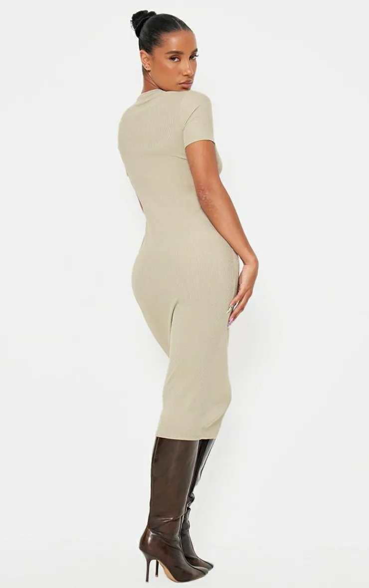 Ribbed Short Sleeve Crew Neck Midi Dress-PrettyLittleThing Online