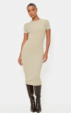 Ribbed Short Sleeve Crew Neck Midi Dress-PrettyLittleThing Online