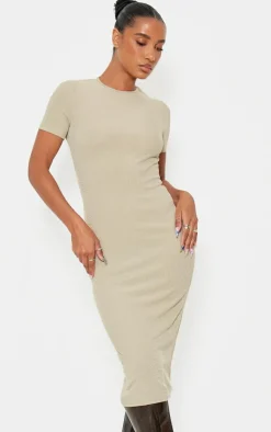 Ribbed Short Sleeve Crew Neck Midi Dress-PrettyLittleThing Online