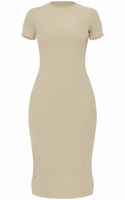 Ribbed Short Sleeve Crew Neck Midi Dress-PrettyLittleThing Online