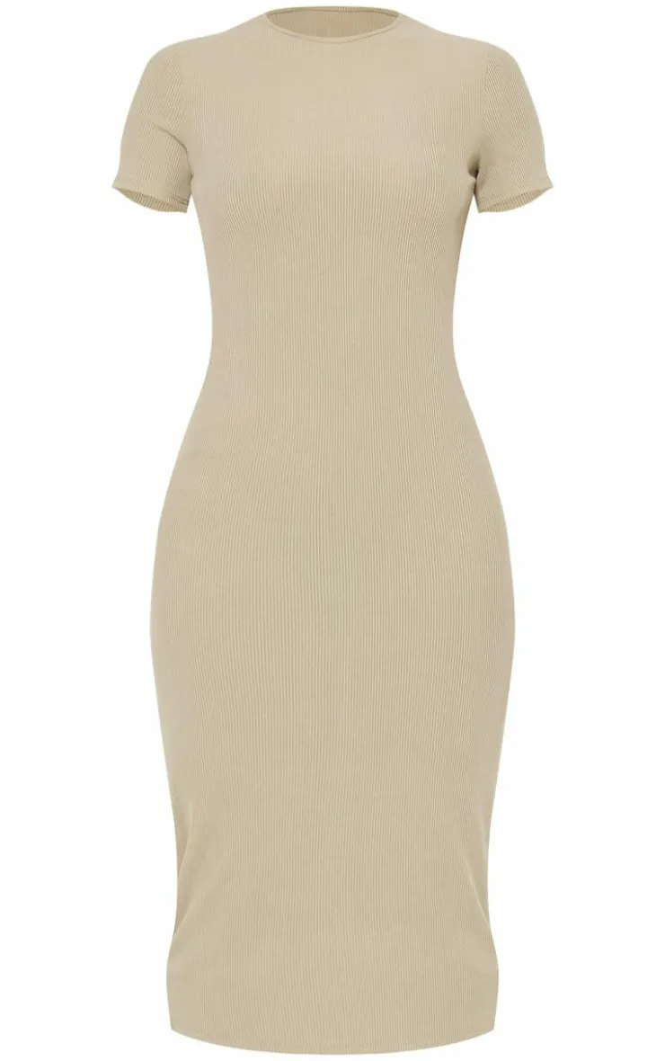 Ribbed Short Sleeve Crew Neck Midi Dress-PrettyLittleThing Online