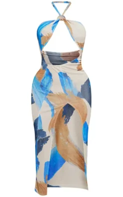Abstract Print Acetate Slinky Cut Out Halter Midaxi Dress-PrettyLittleThing Online