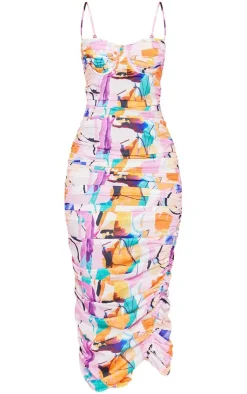 Abstract Print Asymmetric Detail Ruched Midaxi Dress-PrettyLittleThing Clearance
