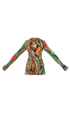 Outlet PrettyLittleThing Abstract Print Chiffon Fitted Shirt Multi