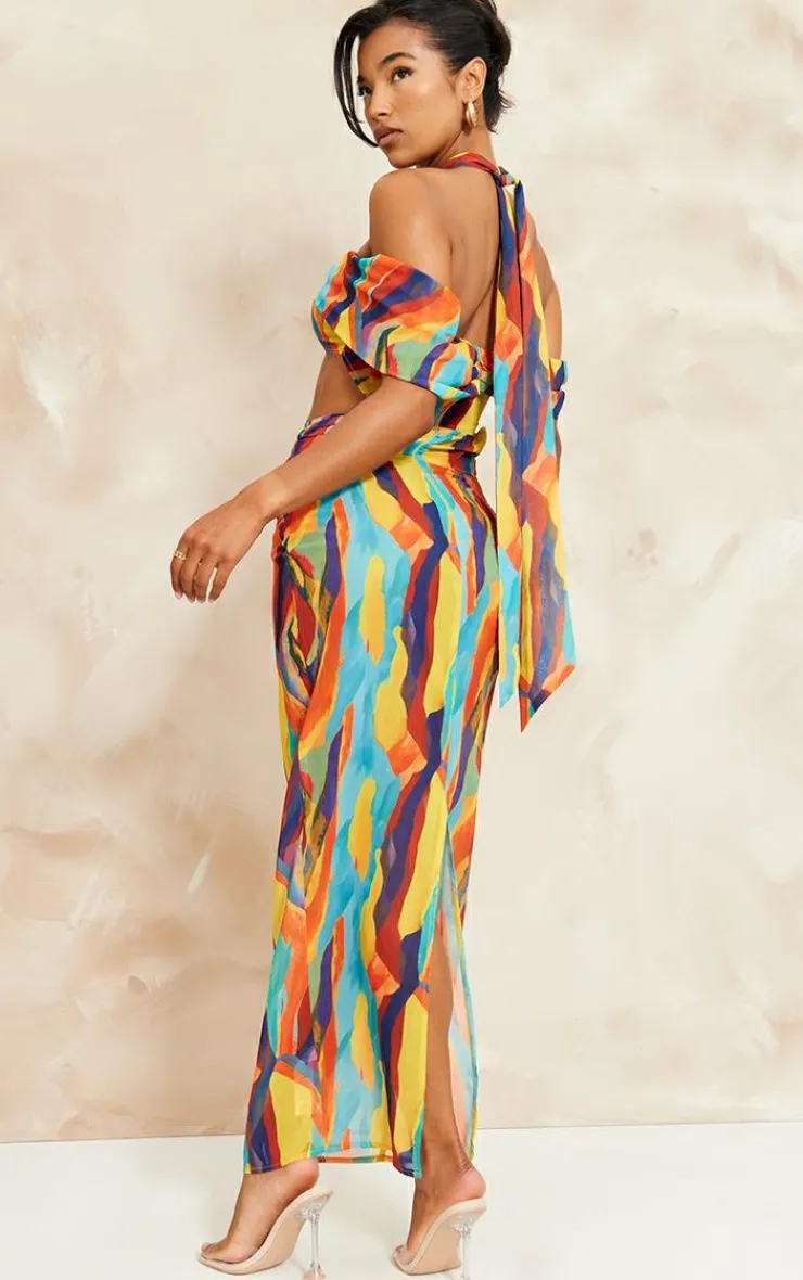 Abstract Print Chiffon Cut Out Bardot Midi Dress-PrettyLittleThing Hot
