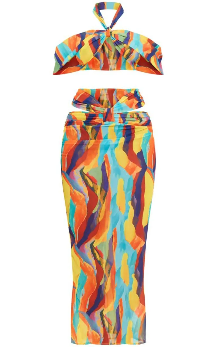 Abstract Print Chiffon Cut Out Bardot Midi Dress-PrettyLittleThing Hot