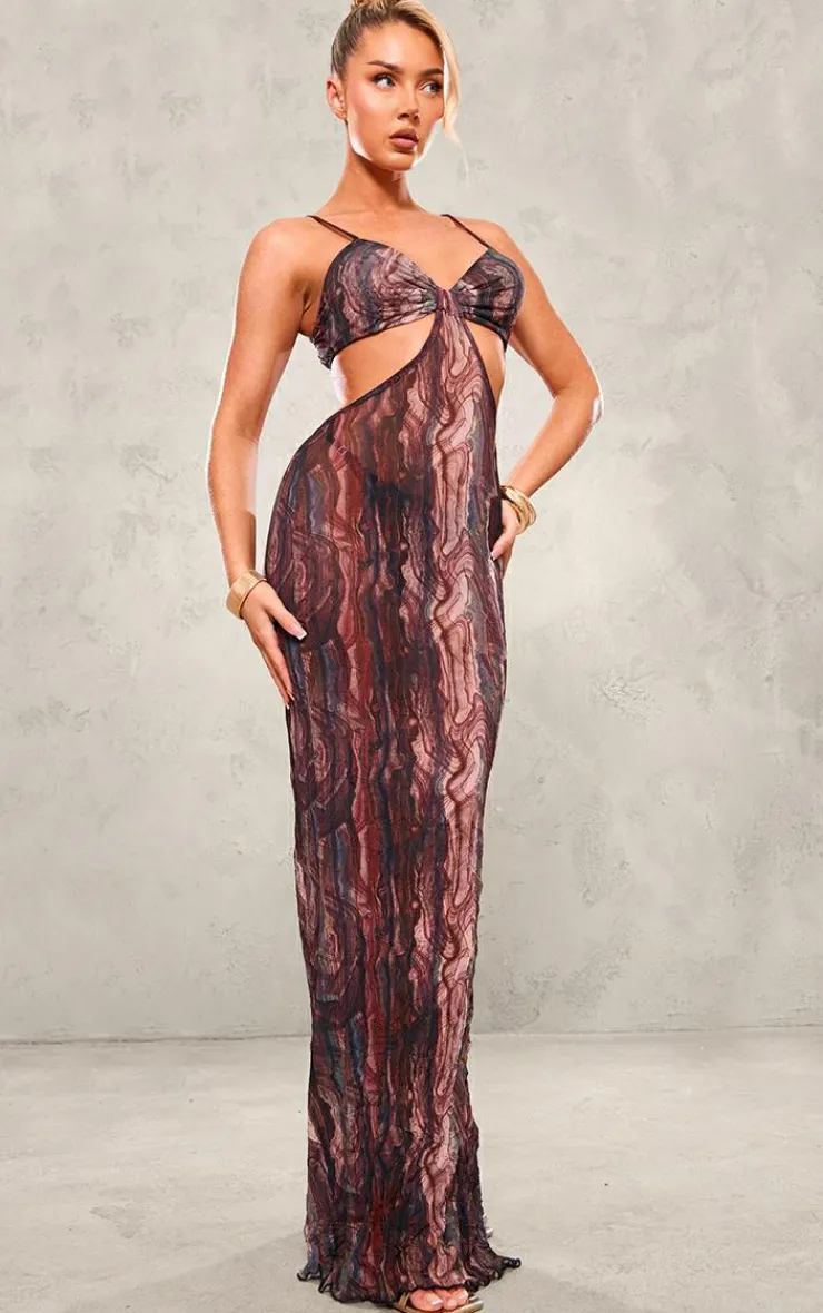 Abstract Print Crinkle Mesh Cut Out Maxi Dress-PrettyLittleThing New