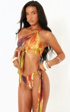 Multi Abstract Print High Leg Tie Side Bikini Bottoms