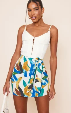 Multi Abstract Print Linen Look Knot Front Mini Skirt