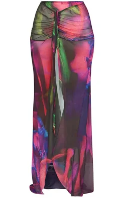Hot PrettyLittleThing Abstract Print Mesh Ruched Tie Maxi Skirt Multi