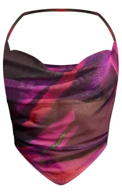 Clearance PrettyLittleThing Abstract Print Mesh Halterneck Crop Top Multi