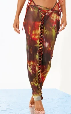 Multi Abstract Print Mesh Lace Up Maxi Beach Skirt