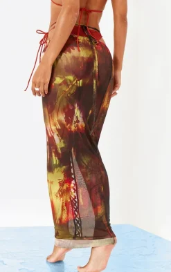 Multi Abstract Print Mesh Lace Up Maxi Beach Skirt