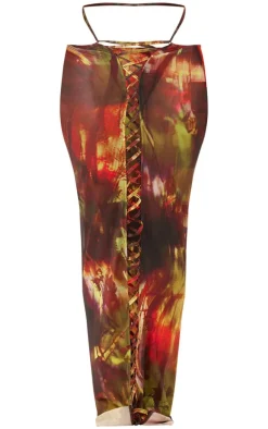 Multi Abstract Print Mesh Lace Up Maxi Beach Skirt