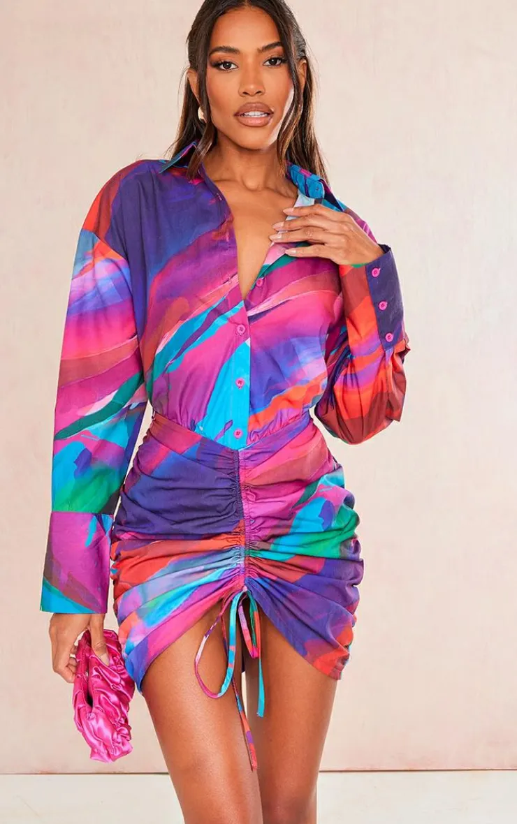 Abstract Print Oversized Shirt Ruched Bodycon Dress-PrettyLittleThing Discount