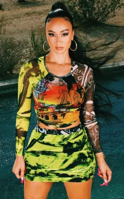 Sale PrettyLittleThing Abstract Print Ruched Mesh Crop Top Multi