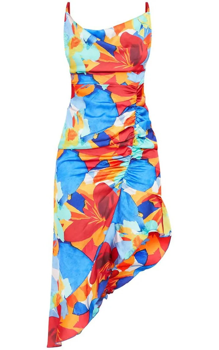 Abstract Print Satin Frill Hem Ruched Maxi Dress-PrettyLittleThing Discount