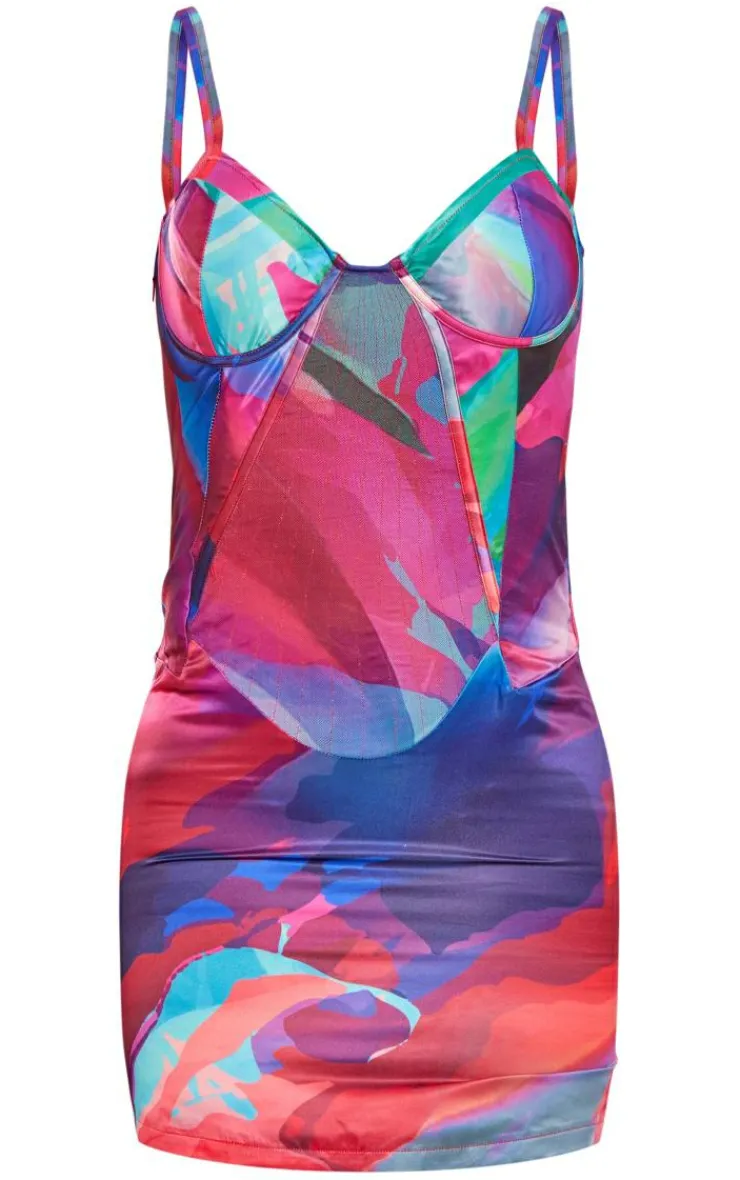 Abstract Print Satin Underwired Strappy Bodycon Dress-PrettyLittleThing Clearance