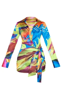 Abstract Print Satin Tie Detail Shirt Dress-PrettyLittleThing New