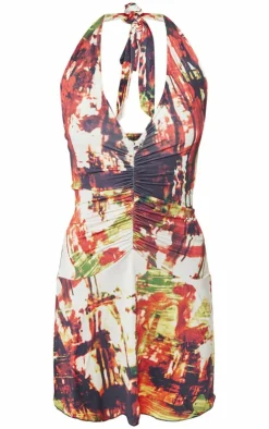 Multi Abstract Print Slinky Halter Neck Mini Dress-PrettyLittleThing